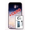 Комплект панель FINE LINE "Glam" для Samsung Galaxy J4 2018 , бело-синий калейдоскоп, Защитное стекло для Samsung Galaxy J4 2018