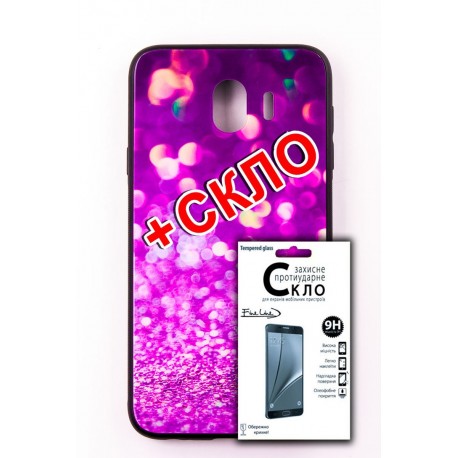 Комплект панель FINE LINE "Glam" для Samsung Galaxy J4 2018 , фиолетовый калейдоскоп, Защитное стекло для Samsung Galaxy J4 2018