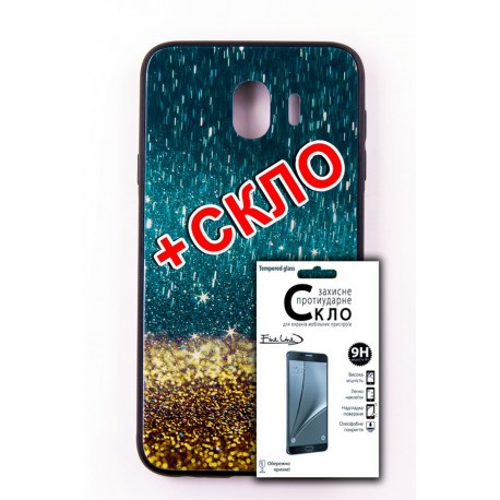 Комплект панель FINE LINE "Glam" для Samsung Galaxy J4 2018 , золотой песок, Защитное стекло для Samsung Galaxy J4 2018
